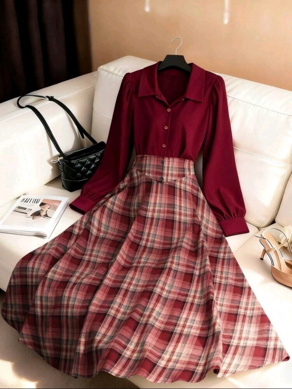 Women Burgundy Plaid Patchwork Shirt-Style Waist Cinched A-Line Long Sleeve